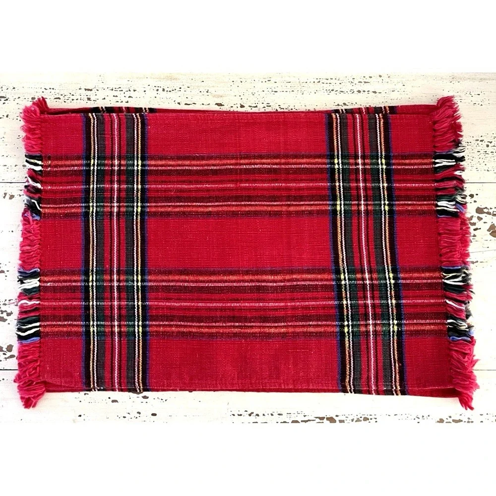 Red Plaid Christmas Paper Napkins CASPARI -5 Red Plaid Christmas Woven Placemats - Picture 3 of 9
